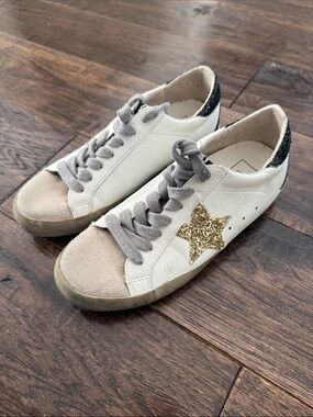ShuShop White Sneakers with Gold Glitter Star and Black Glitter Heel